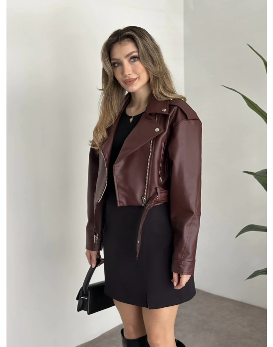 beli kemer detaylı crop boy deri ceket bordo