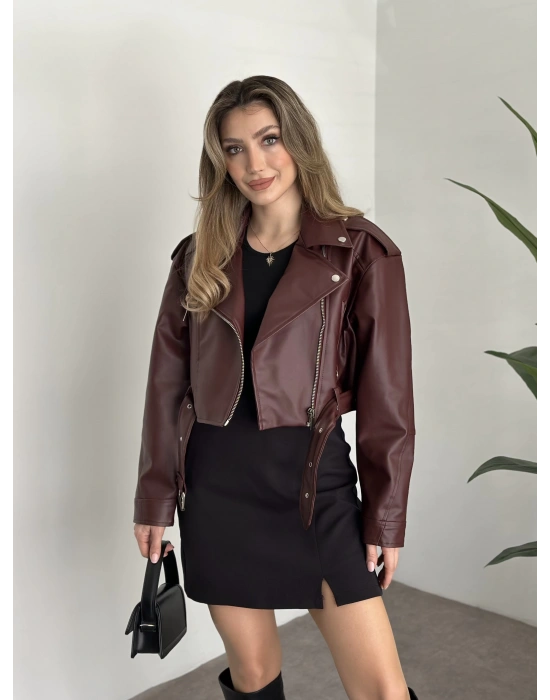 beli kemer detaylı crop boy deri ceket bordo