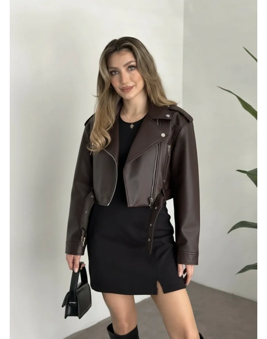beli kemer detaylı crop boy deri ceket kahve