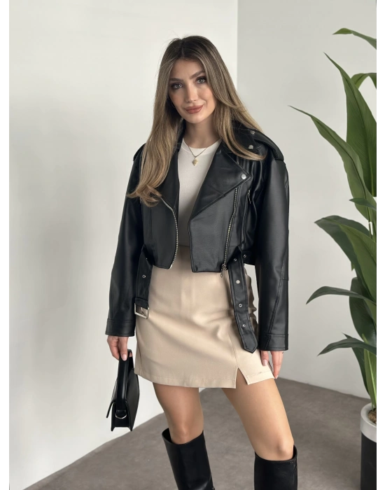 beli kemer detaylı crop boy deri ceket siyah
