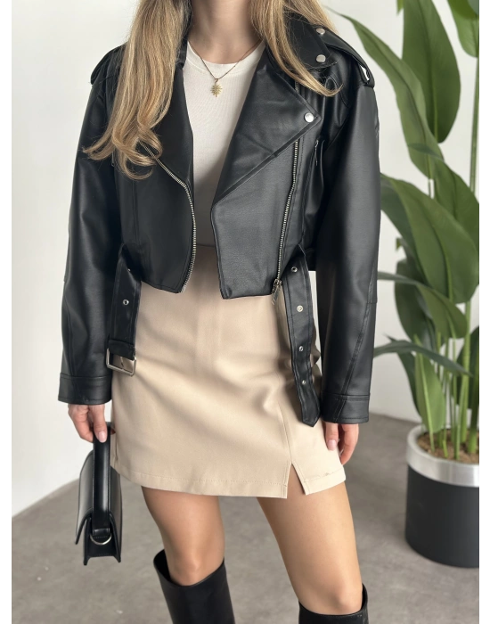 beli kemer detaylı crop boy deri ceket siyah