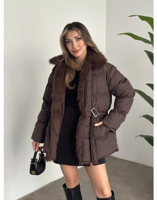 Beli kemerli önden kürk detaylı şişme mont kahve