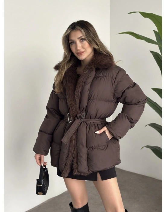 Beli kemerli önden kürk detaylı şişme mont kahve