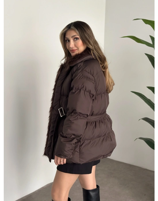 Beli kemerli önden kürk detaylı şişme mont kahve