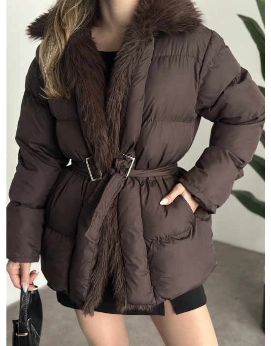 Beli kemerli önden kürk detaylı şişme mont kahve