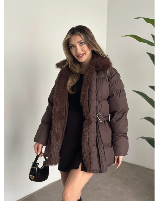 Beli kemerli önden kürk detaylı şişme mont kahve