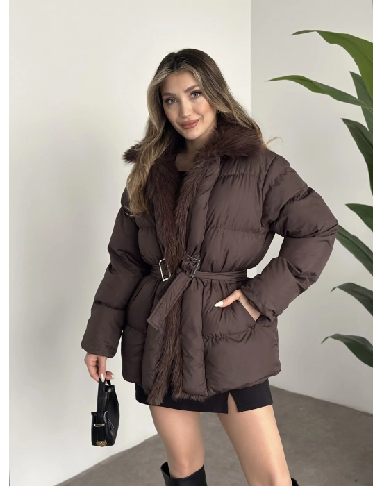 Beli kemerli önden kürk detaylı şişme mont kahve