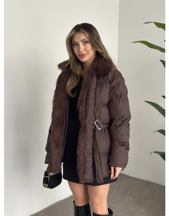 Beli kemerli önden kürk detaylı şişme mont kahve