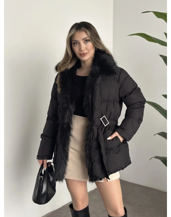 Beli kemerli önden kürk detaylı şişme mont siyah