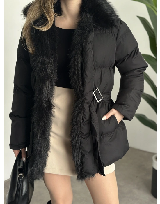 Beli kemerli önden kürk detaylı şişme mont siyah