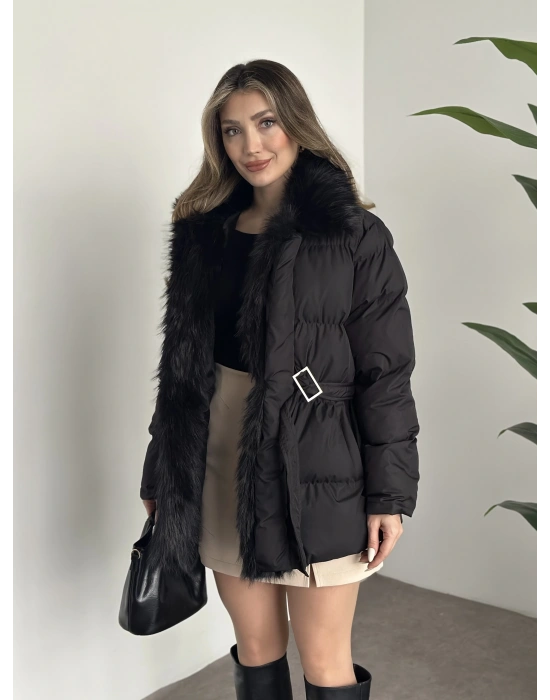 Beli kemerli önden kürk detaylı şişme mont siyah