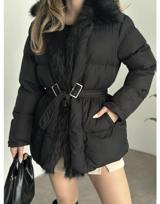 Beli kemerli önden kürk detaylı şişme mont siyah