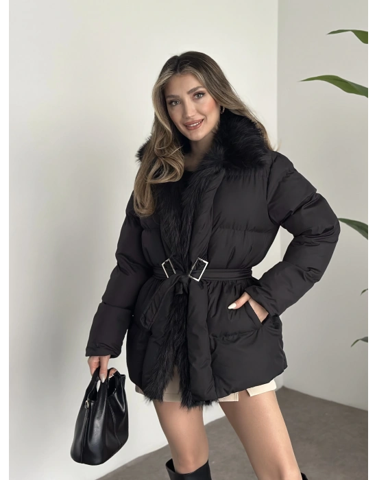 Beli kemerli önden kürk detaylı şişme mont siyah