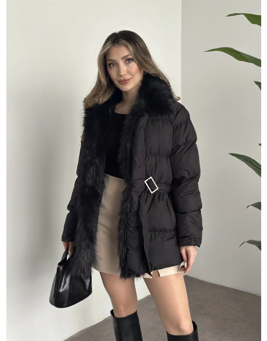 Beli kemerli önden kürk detaylı şişme mont siyah