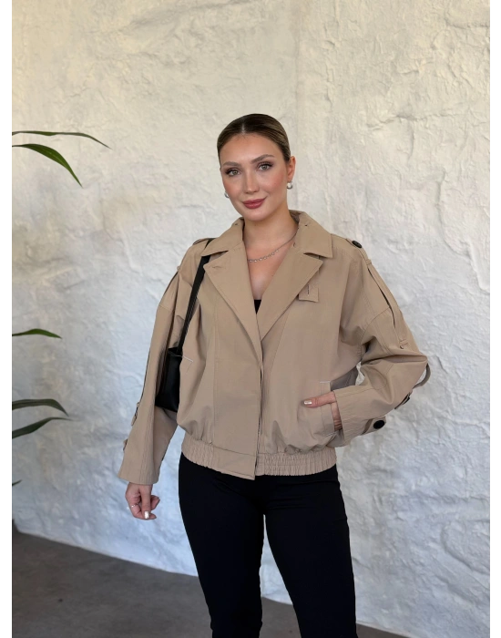 beli lastikli dik yaka bomber ceket bej