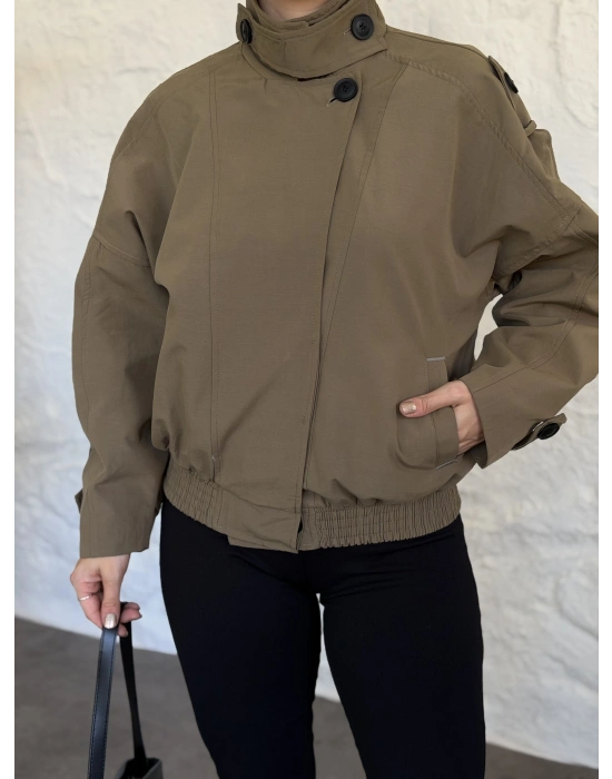 beli lastikli dik yaka bomber ceket haki