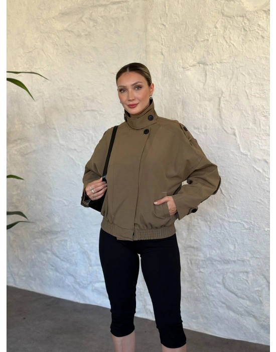 beli lastikli dik yaka bomber ceket haki