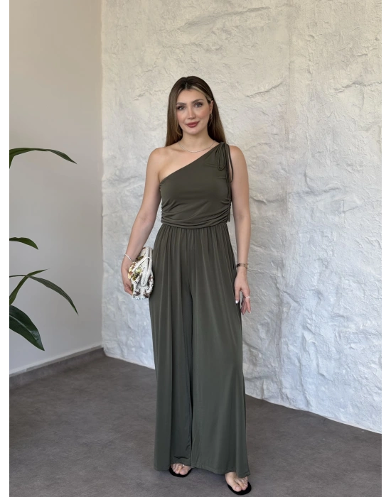 Beli lastikli omuzu büzgülü tek omuz tulum haki
