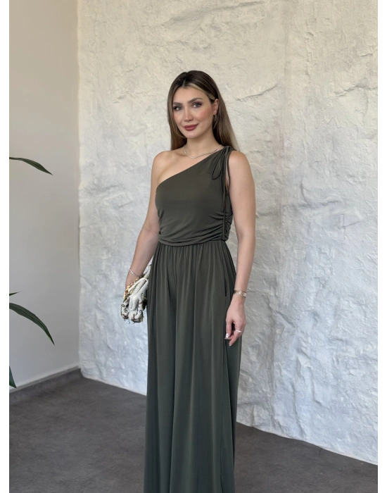Beli lastikli omuzu büzgülü tek omuz tulum haki