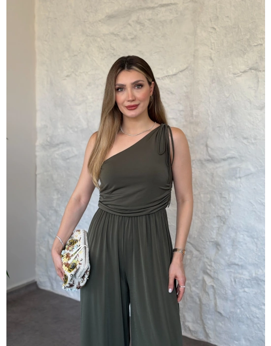 Beli lastikli omuzu büzgülü tek omuz tulum haki