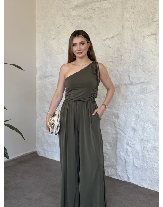 Beli lastikli omuzu büzgülü tek omuz tulum haki