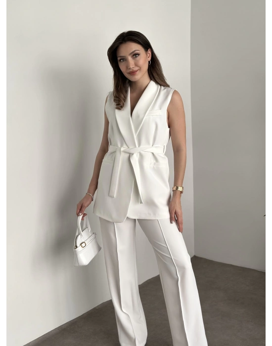 Belinden bağlamalı ultra yüksek bel pantolonlu takım beyaz