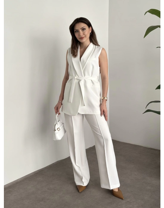 Belinden bağlamalı ultra yüksek bel pantolonlu takım beyaz