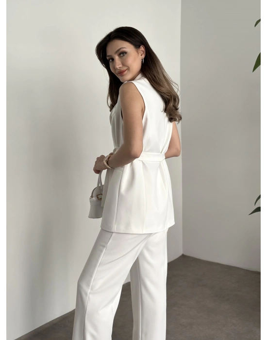 Belinden bağlamalı ultra yüksek bel pantolonlu takım beyaz