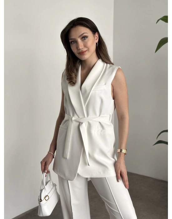 Belinden bağlamalı ultra yüksek bel pantolonlu takım beyaz