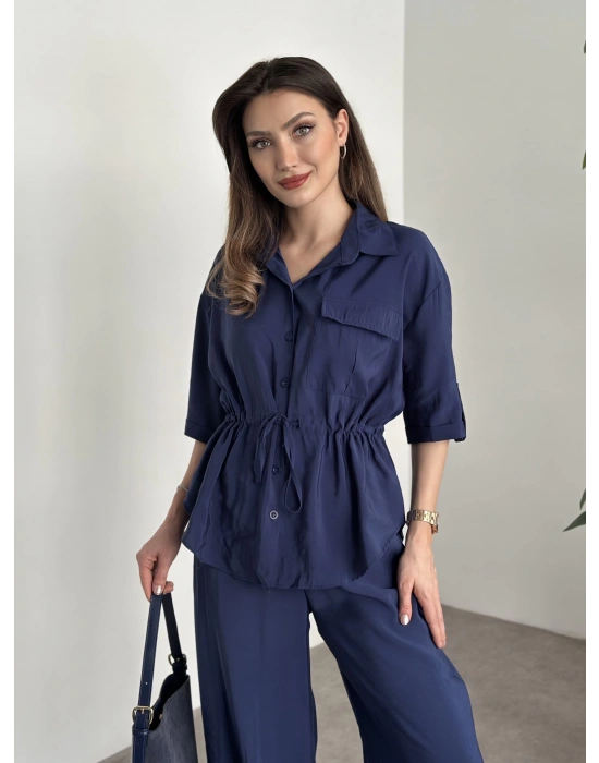Belinden büzgülü gömlekli modal takım lacivert