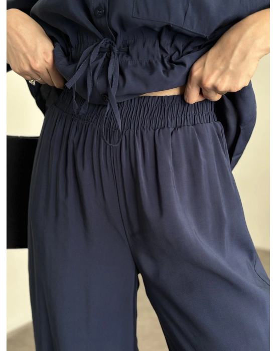 Belinden büzgülü gömlekli modal takım lacivert