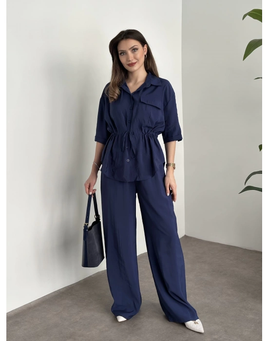 Belinden büzgülü gömlekli modal takım lacivert