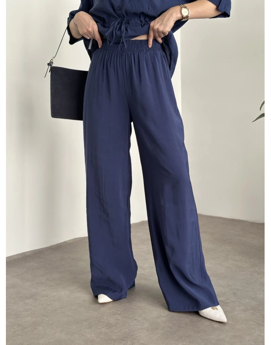 Belinden büzgülü gömlekli modal takım lacivert