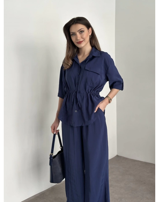 Belinden büzgülü gömlekli modal takım lacivert