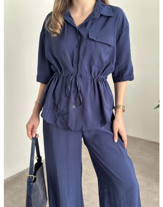 Belinden büzgülü gömlekli modal takım lacivert