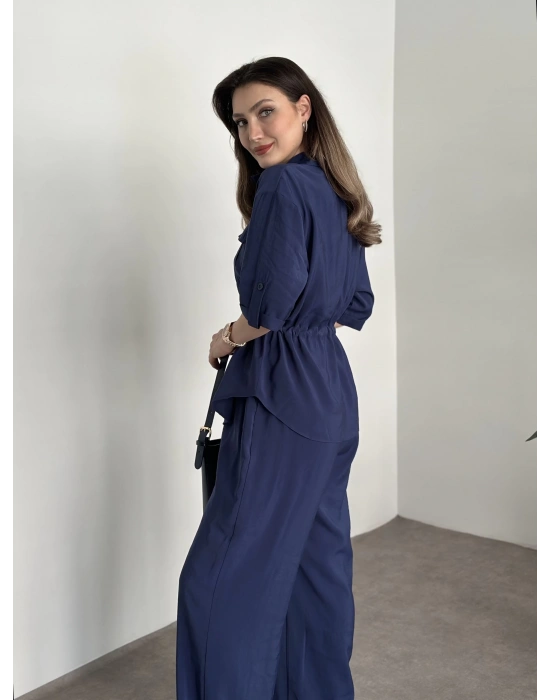 Belinden büzgülü gömlekli modal takım lacivert