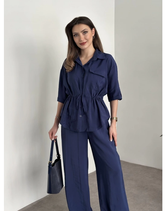 Belinden büzgülü gömlekli modal takım lacivert