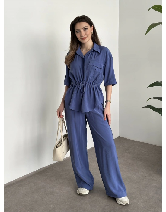 Belinden büzgülü gömlekli modal takım mavi