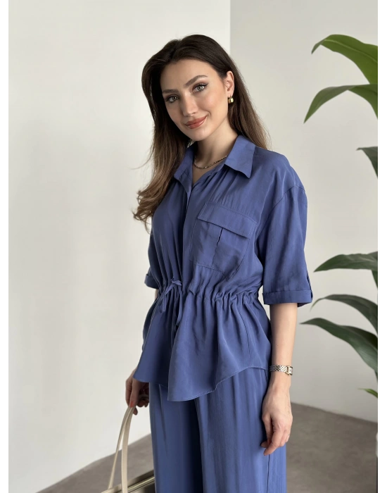 Belinden büzgülü gömlekli modal takım mavi