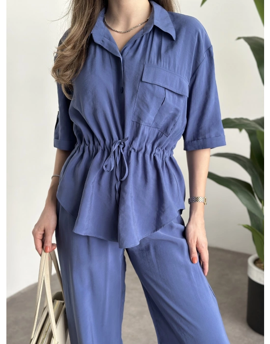 Belinden büzgülü gömlekli modal takım mavi