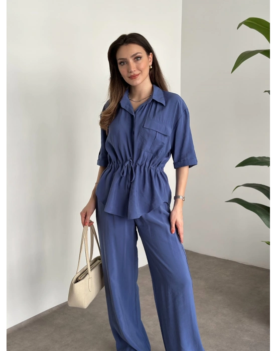 Belinden büzgülü gömlekli modal takım mavi
