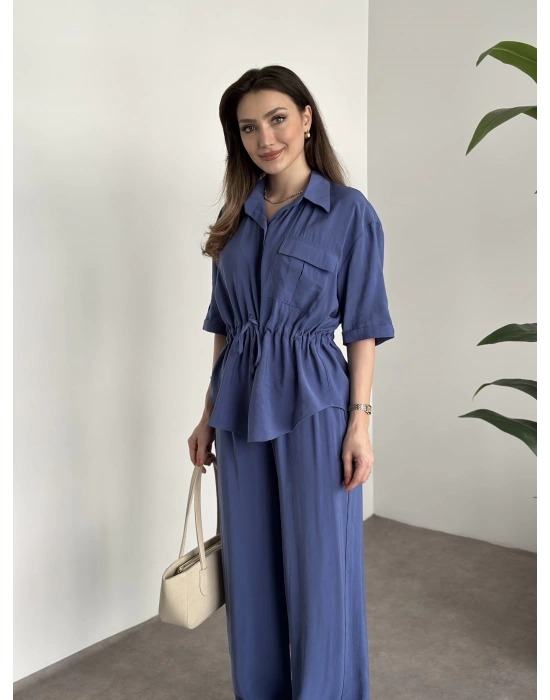 Belinden büzgülü gömlekli modal takım mavi