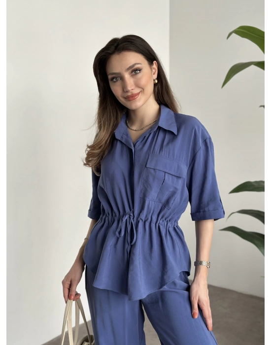 Belinden büzgülü gömlekli modal takım mavi