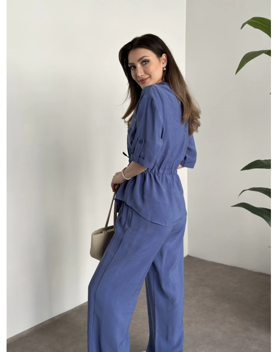 Belinden büzgülü gömlekli modal takım mavi