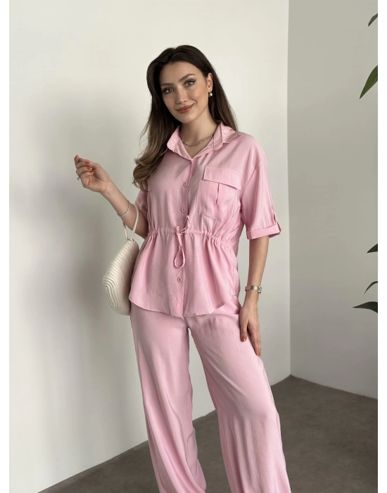 Belinden büzgülü gömlekli modal takım pembe