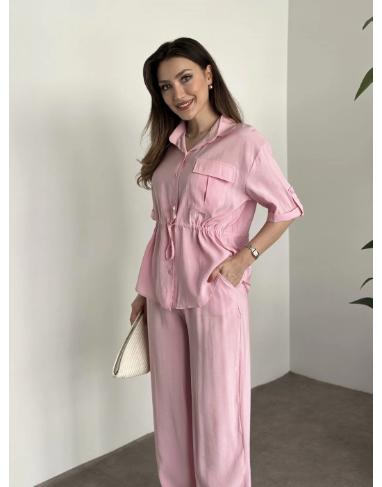 Belinden büzgülü gömlekli modal takım pembe