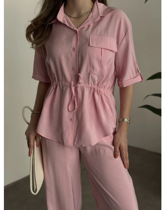 Belinden büzgülü gömlekli modal takım pembe