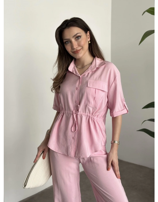 Belinden büzgülü gömlekli modal takım pembe