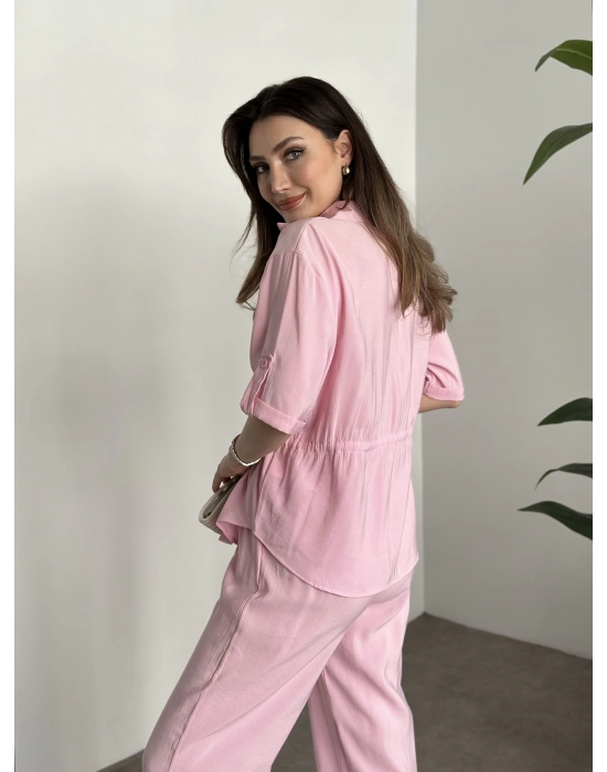 Belinden büzgülü gömlekli modal takım pembe