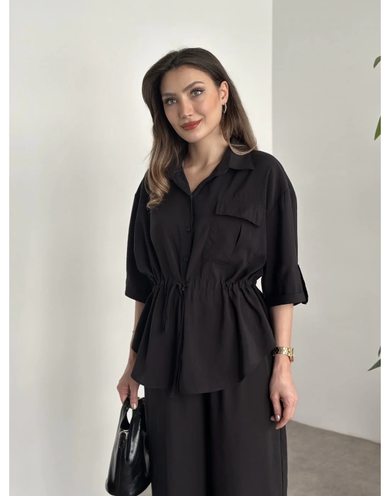 Belinden büzgülü gömlekli modal takım siyah